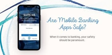 Graphic of a mobile phone with Suits Me® Mobile Banking App login with blue text and blue wave illustration