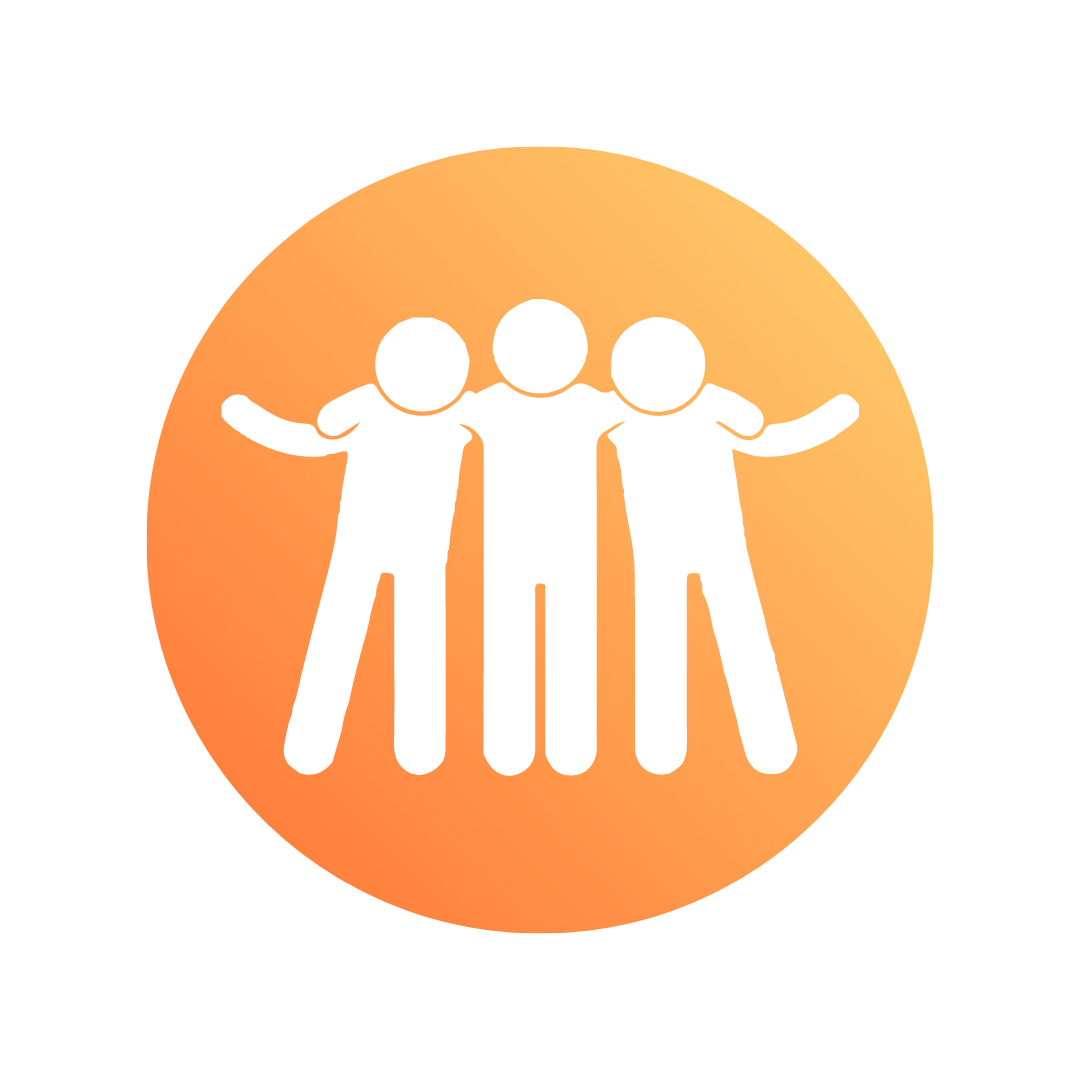 Orange gradient round circle, with a friends cartoon in the middle for our money makers